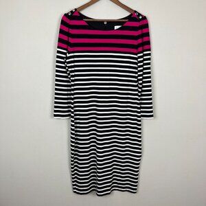 Joseph‎ Ribkoff Dress Womens 12 Black Pink White Stripe Sheath Button 3/4 Sleeve